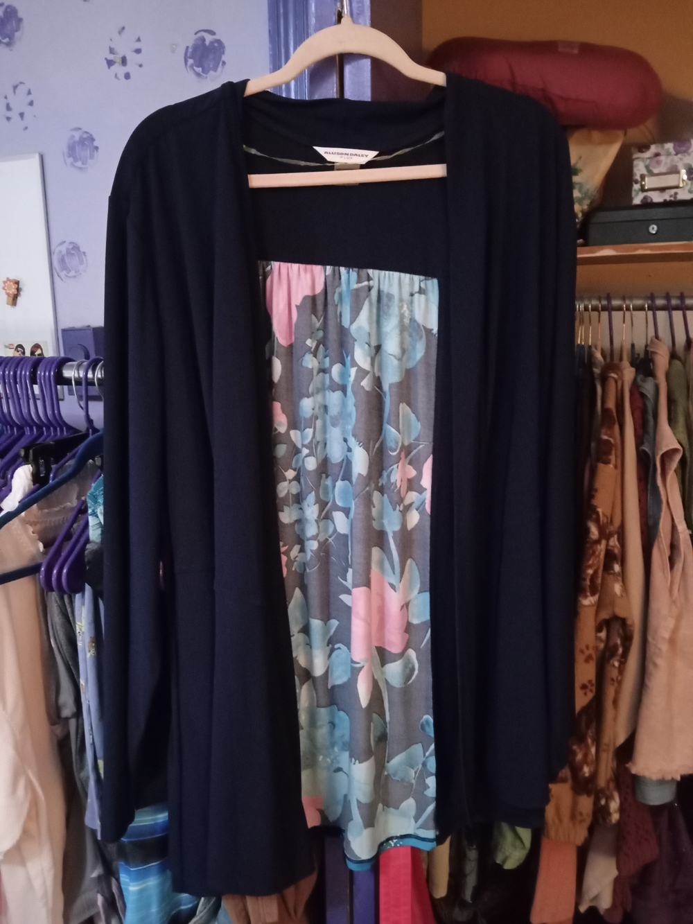 Allison Daley Navy Open-Front Kimono With Pink & Blue Floral Panel